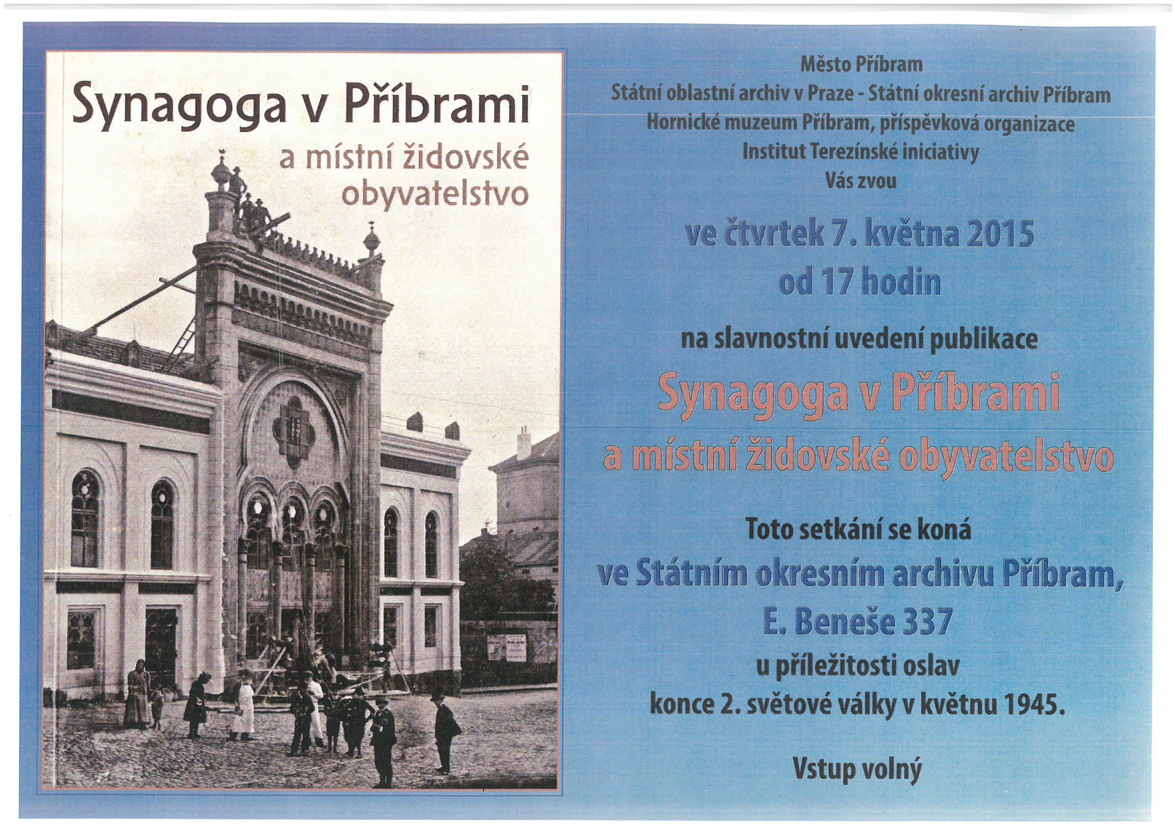 Vyšla nová publikace Synagoga v Příbrami a místní židovské obyvatelstvo - pozvanka