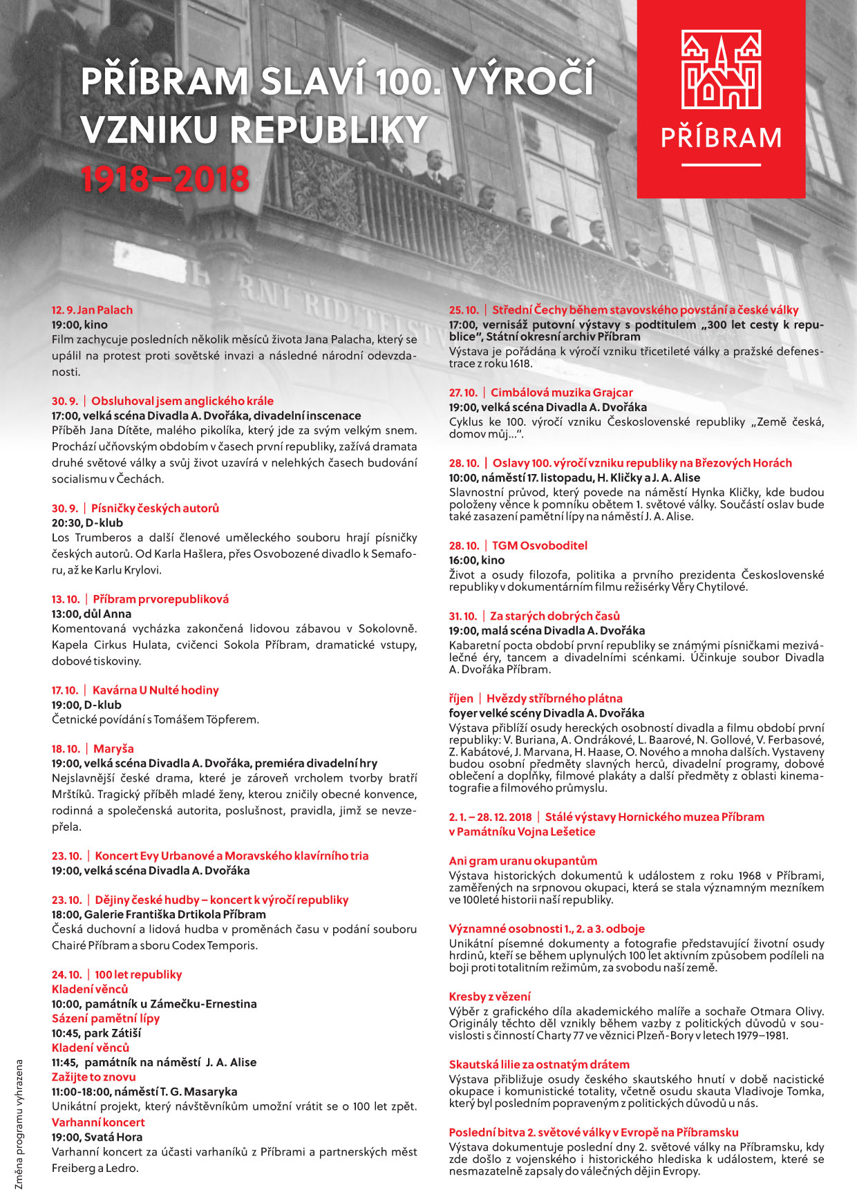 Příbram se chystá na říjnové oslavy vzniku Československa - 100%20let%20republiky%20program