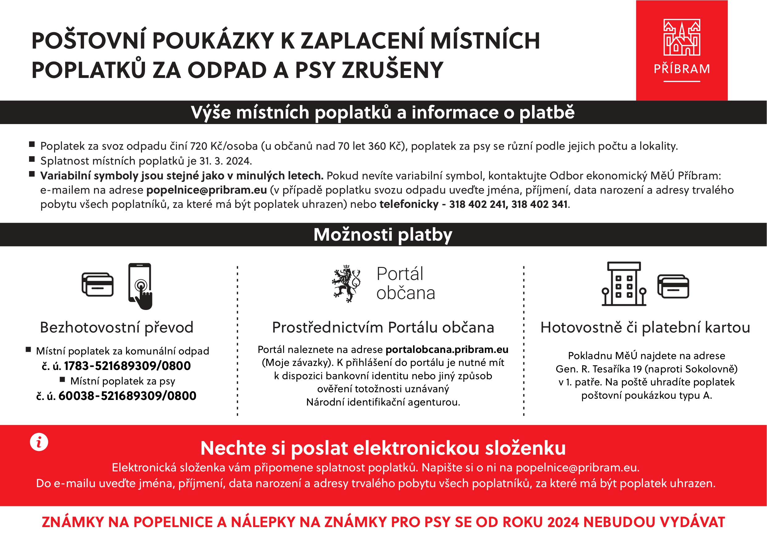 Termín splatnosti poplatků se blíží, na složenku nečekejte - poplatky