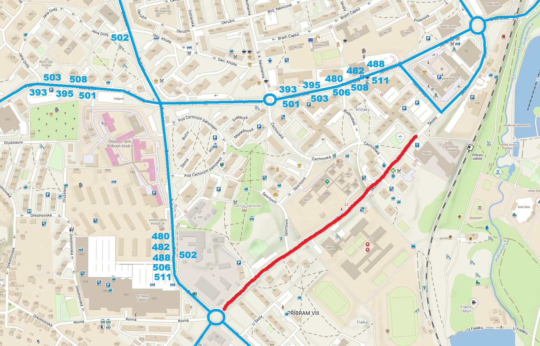 Školní ulice - mapa uzavírky 3. etapa
