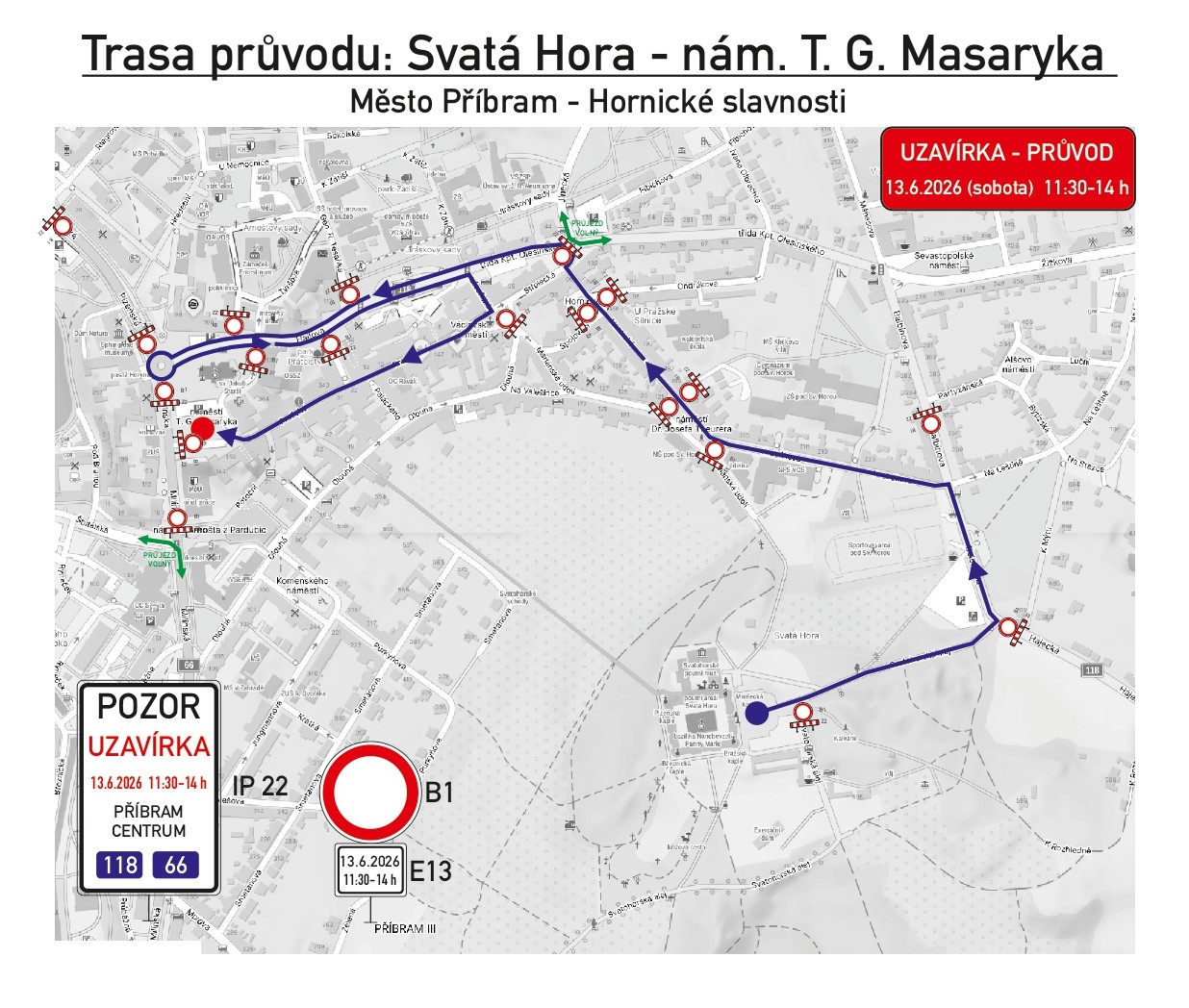 Trasa průvodu Svatá Hora - nám. TGM